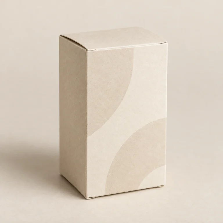 AI concept: a tall ivory tuck carton with a soft taupe geometric pattern.