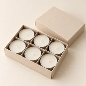 AI concept: ivory divided candle tray containing six tealights, alternate view.