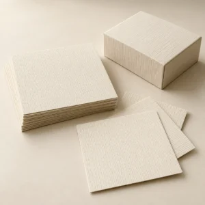 AI concept: ivory paper samples and a matching box with fine parallel surface lines.