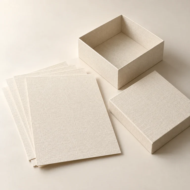 AI concept: alternate view of ivory textured paper sheets beside a box wrapped in matching paper.