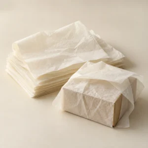 AI concept: ivory tissue sheets beside a small box loosely wrapped in translucent tissue.
