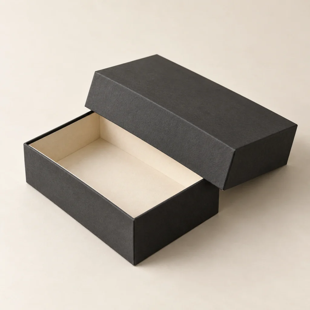 AI concept: charcoal rectangular presentation box with a separate lid and ivory interior, catalog view.