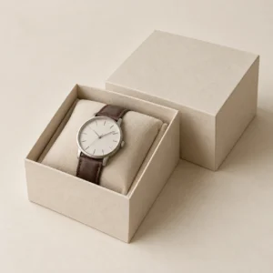 AI concept: ivory watch box with a watch on a cushion, catalog view.