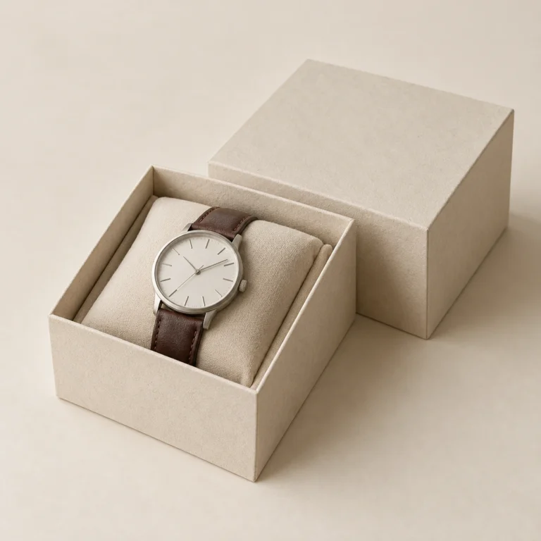 AI concept: ivory watch box with a watch on a cushion, catalog view.