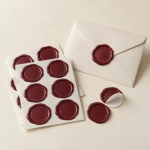 AI concept: burgundy wax-look seal stickers on release backing beside a sealed ivory envelope.