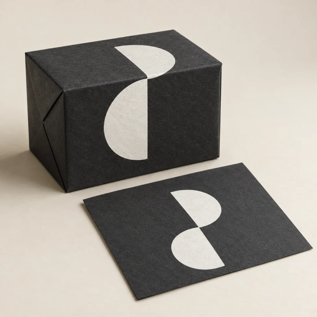 AI concept: a dark charcoal carton and paper sample with a flat white geometric print.